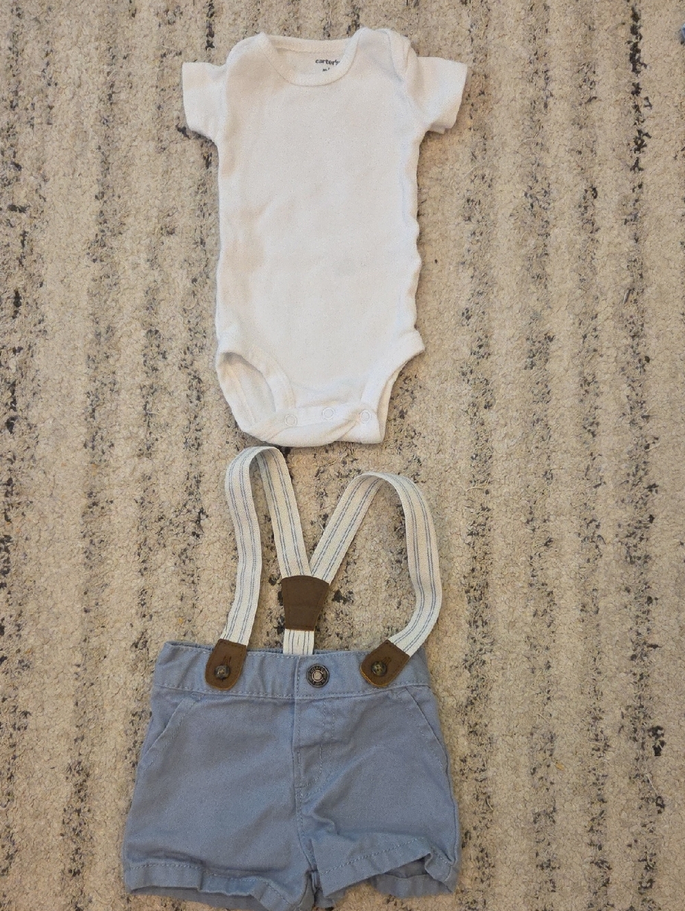 Carter's White Onesie with Blue Shorts and Striped Suspenders Size NB like New!